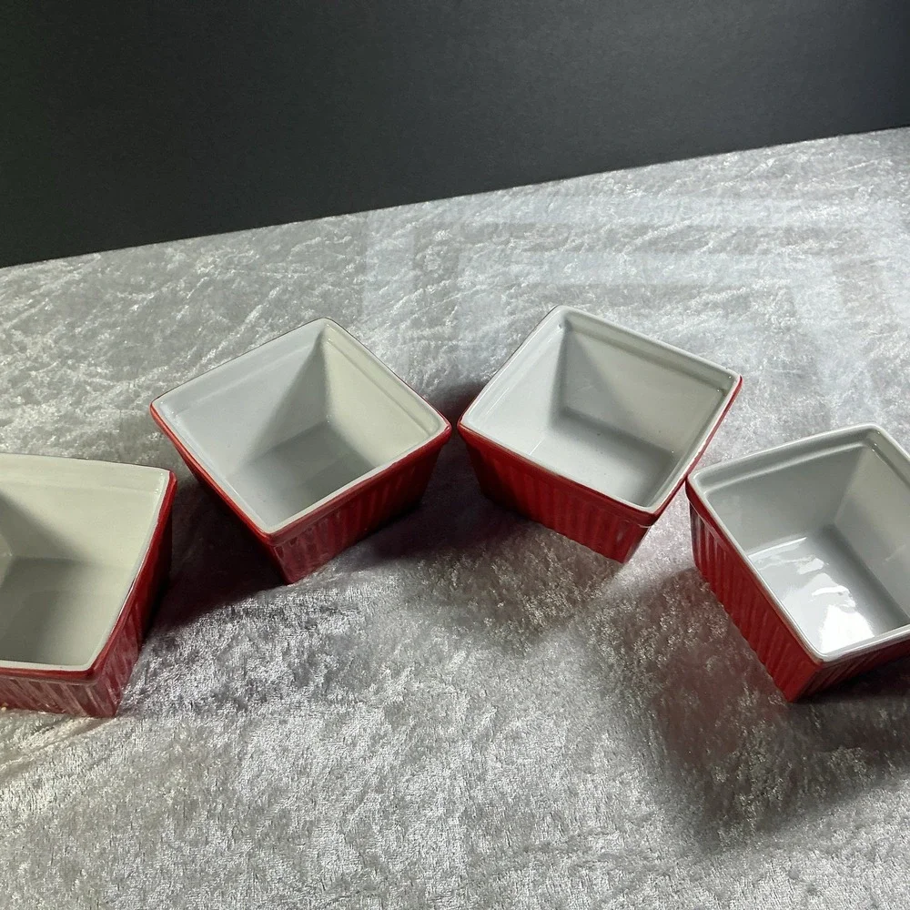 4 piece Crate And Barrel BIA Cordon Bleu Stoneware Ramekin Square Red 3.75